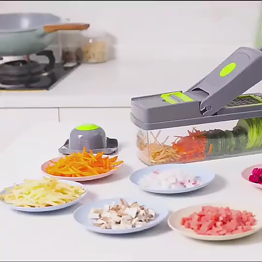 Load video: 16-in-1 Multifunctional Vegetable Chopper &amp; Slicer with Colander Basket and Storage Container – Heavy-Duty Food Cutter &amp; Dicer for Onion, Potato, Carrot, Garlic &amp; More